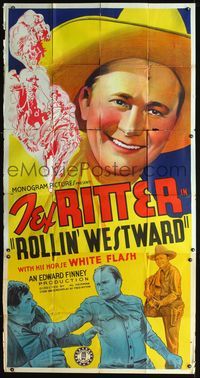 3k581 ROLLIN' WESTWARD 3sheet '39 wonderful stone litho close up of smiling Tex Ritter & w/guitar!