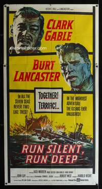 3k586 RUN SILENT, RUN DEEP three-sheet '58 Clark Gable & Burt Lancaster in military submarine!