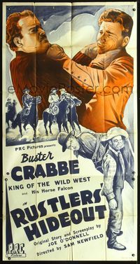 3k588 RUSTLER'S HIDEOUT three-sheet '45 stone litho close up of Buster Crabbe fighting bad guy!