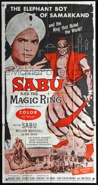 3k591 SABU & THE MAGIC RING three-sheet '57 great image of Sabu & William Marshall as the Genie!