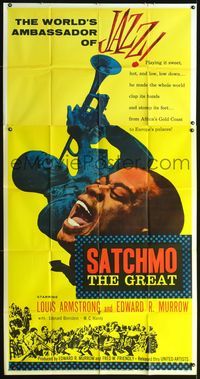 3k596 SATCHMO THE GREAT 3sheet '57 wonderful image of Louis Armstrong playing his trumpet & singing!