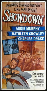 3k609 SHOWDOWN 3sheet '63 Audie Murphy & enemies chained together, and pretty Kathleen Crowley!