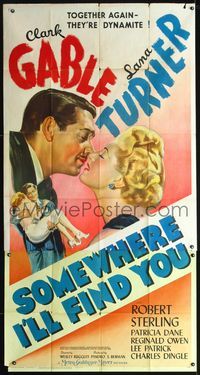 3k616 SOMEWHERE I'LL FIND YOU 3sheet '42 wonderful close up art of Clark Gable kissing Lana Turner!