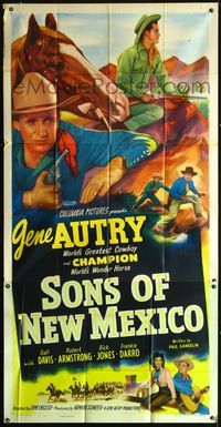 3k617 SONS OF NEW MEXICO 3sheet '49 cool close up of Gene Autry with gun standing by Champion!