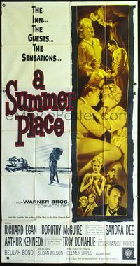 3k629 SUMMER PLACE 3sheet '59 Sandra Dee & Troy Donahue in young lovers classic, cool cast montage!