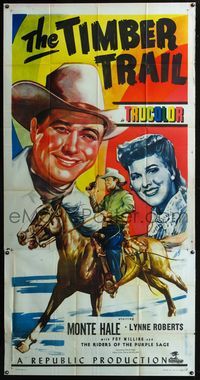 3k642 TIMBER TRAIL three-sheet '48 great image of Monte Hall with Lynne Roberts, and on horseback!
