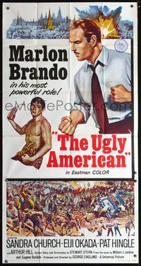 3k654 UGLY AMERICAN three-sheet poster '63 artwork of Marlon Brando & Eiji Okada with explosives!