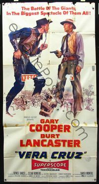 3k657 VERA CRUZ three-sheet '55 best close up artwork of cowboys Gary Cooper & Burt Lancaster!
