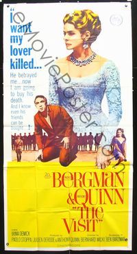 3k662 VISIT three-sheet movie poster '64 angry Ingrid Bergman wants to kill her lover Anthony Quinn!