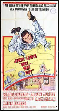 3k670 WAY WAY OUT three-sheet poster '66 astronaut Jerry Lewis sent to live on the moon in 1989!