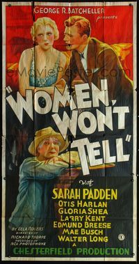 3k681 WOMEN WON'T TELL three-sheet '32 cool stone litho of pretty Sarah Padden in evening gown!