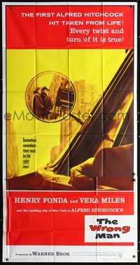 3k685 WRONG MAN 3sheet '57 Henry Fonda, Vera Miles, Alfred Hitchcock, cool rear-view mirror image!