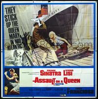 3k009 ASSAULT ON A QUEEN 6sh '66 art of Frank Sinatra w/pistol & sexy Virna Lisi on submarine deck!