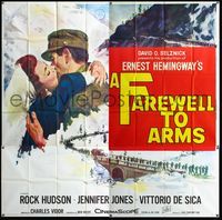 3k029 FAREWELL TO ARMS six-sheet '58 art of Rock Hudson kissing Jennifer Jones, Ernest Hemingway
