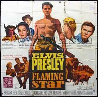 3k033 FLAMING STAR six-sheet '60 Elvis Presley playing guitar & close up with rifle, Barbara Eden