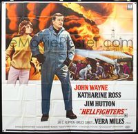 3k041 HELLFIGHTERS 6sheet '69 life-sized image of Katharine Ross & John Wayne as fireman Red Adair!