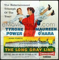 3k053 LONG GRAY LINE 6sheet '54 art of Tyrone Power carrying Maureen O'Hara, plus West Point cadets!