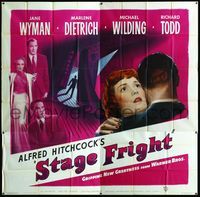 3k092 STAGE FRIGHT six-sheet poster '50 Marlene Dietrich, Jane Wyman, Alfred Hitchcock, great image!