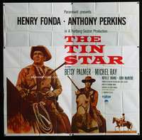3k098 TIN STAR six-sheet poster '57 close up of cowboys Henry Fonda & Anthony Perkins on horses!