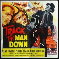 3k100 TRACK THE MAN DOWN six-sheet poster '55 cool art of detective Kent Taylor tracing footsteps!