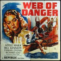 3k104 WEB OF DANGER six-sheet '47 cool art of sexy Adele Mara & man in trouble high up in the sky!