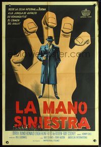 3k767 HAND Argentinean '61 cool artwork of giant hand reaching for man in trench coat with gun!