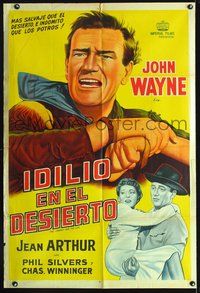 3k782 LADY TAKES A CHANCE Argentinean R40s cool art of John Wayne close up & holding Jean Arthur!