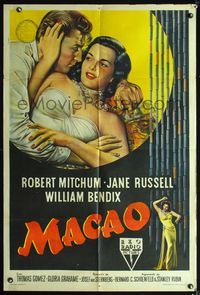 3k785 MACAO Argentinean '52 great close up artwork of Robert Mitchum romancing sexy Jane Russell!