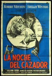 3k794 NIGHT OF THE HUNTER Argentinean '55 best art of Bob Mitchum holding Shelley Winters & knife!