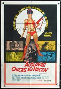 3k844 SOME GIRLS DO Argentinean poster '70 Bulldog Drummond, sexy half-dressed babes with guns!