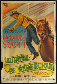 3k860 SUGARFOOT Argentinean poster '51 great close up art of cowboy Randolph Scott with gun & horse!