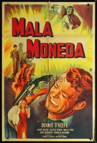3k865 T-MEN Argentinean poster '47 Anthony Mann film noir, cool art of sexy bad girl & man with gun!