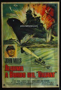 3k876 VALIANT Argentinean poster '62 John Mills, cool artwork of World War II battleship under fire!