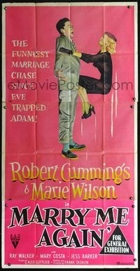 3k519 MARRY ME AGAIN Aust three-sheet '53 great art of Marie Wilson jumping on Robert Cummings!