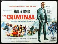 3k147 CRIMINAL British quad movie poster '60 Joseph Losey, cool art of tough guy Stanley Baker!