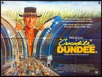 3k148 CROCODILE DUNDEE British quad poster '86 art of Paul Hogan looming over NYC by Daniel Gouzee!