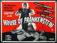 3k193 HOUSE OF FRANKENSTEIN British quad R60s great monster image of Glenn Strange & victim!