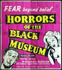 3k044 HORRORS OF THE BLACK MUSEUM English six-sheet '59 June Cunningham has FEAR beyond belief!