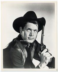 3m217 LAST CHALLENGE 8x10 still '62 close portrait of cowboy Chad Everett touching gun to his hat!