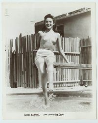 3m228 LINDA DARNELL 8x10 '40s smiling portrait on edge of diving board in super sexy bathing suit!