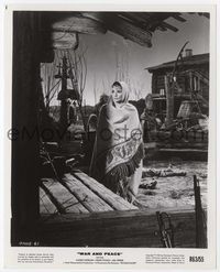 3m472 WAR & PEACE 8x10 movie still R63 great image of Audrey Hepburn wrapped in shawl by log cabin!
