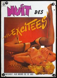 3o268 NUIT DES EXCITEES French 15x21 poster '70s artwork of super sexy blonde on animal sheets!