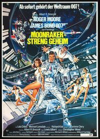 3o114 MOONRAKER German poster '79 Roger Moore as James Bond with Jaws & sexy babes by Daniel Gouzee!