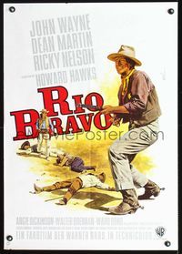 3o121 RIO BRAVO German poster R69 Howard Hawks, cool art of cowboy John Wayne w/rifle, Dean Martin!