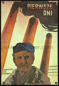 3o673 FIRST DAYS Polish 23x33 poster '52 really cool art of man & smokestacks by Jenryk Tomaszewski!