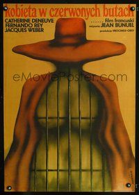 3o795 WOMAN WITH RED BOOTS Polish 23x33 '74 wild Krzysztof Nasfeter art of nude woman behind bars!