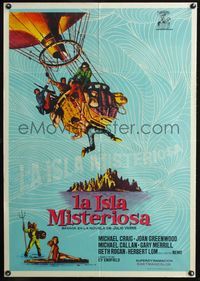 3o171 MYSTERIOUS ISLAND Spanish poster '63 Ray Harryhausen, Jules Verne sci-fi, cool background art!