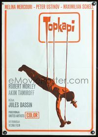 3o149 TOPKAPI Yugoslavian movie poster '64 cool art of thief suspended by title!
