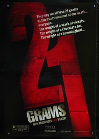 3p019 21 GRAMS teaser one-sheet movie poster '03 Sean Penn, Naomi Watts, cool title design!