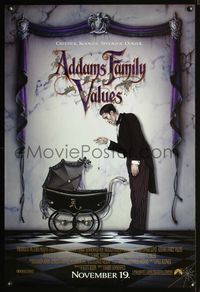3p027 ADDAMS FAMILY VALUES DS advance one-sheet '93 great image of Lurch playing w/baby in stroller!
